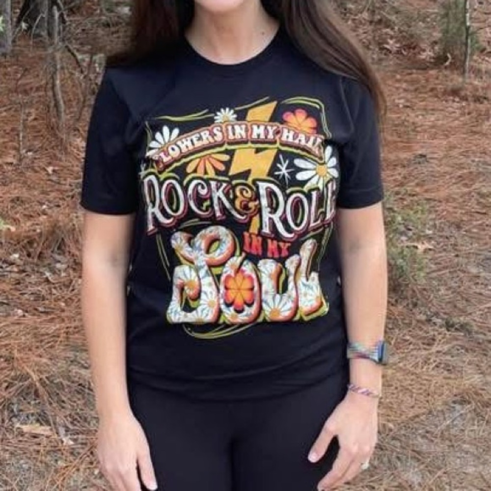 “Flowers in my hair, rock & roll in my soul” Black Graphic Tee